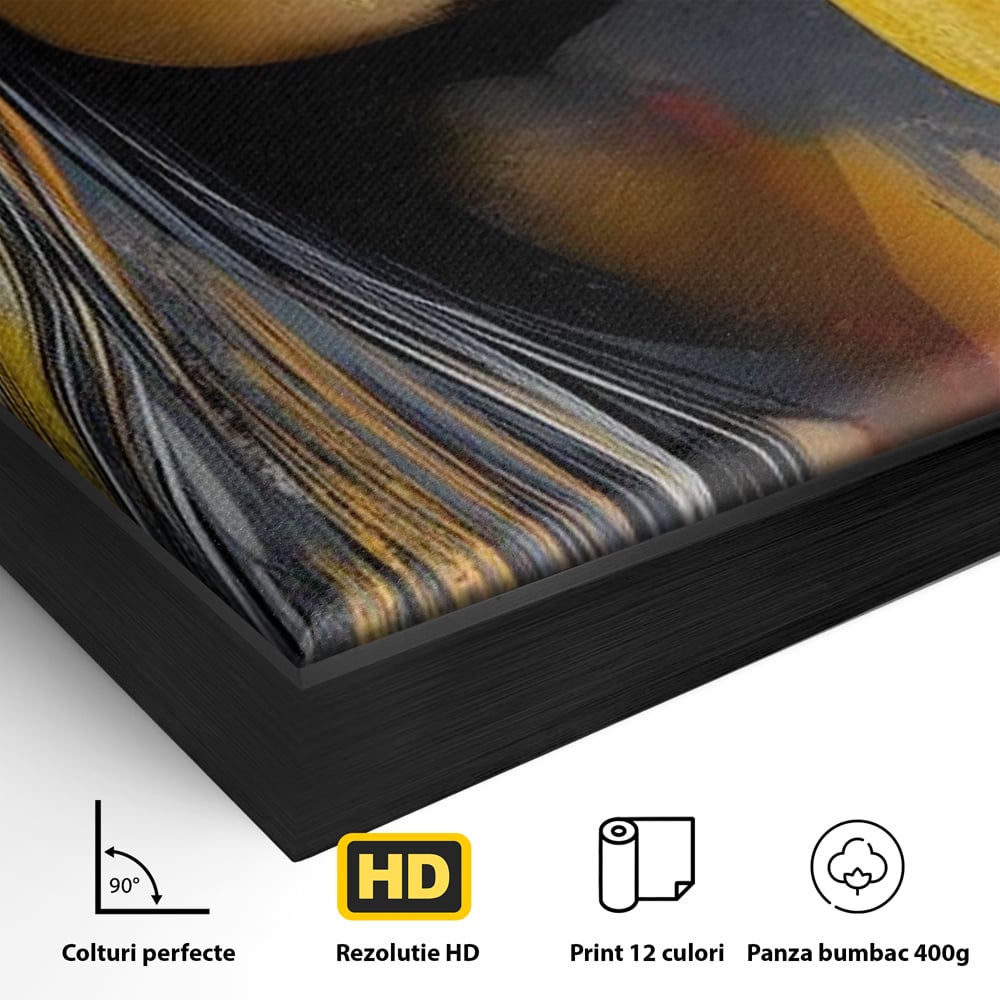 Detaliu al suprafetei: tablou canvas cu portret de femeie ochelari de soare, in rama de aluminiu negru